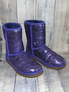 UGG Classic Short Sparkles Purple Sequin/Sheepskin Boots Womens Size 7